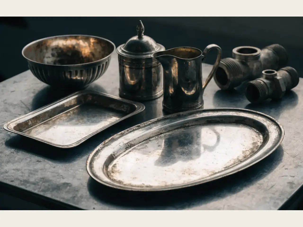 Silver-plated flatware and serving pieces arranged for evaluation
